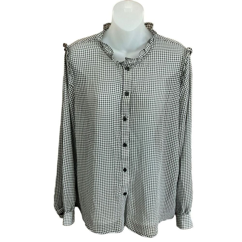 Who What Wear Blouse Button Down Black White Check Print Ruffled Collar Large